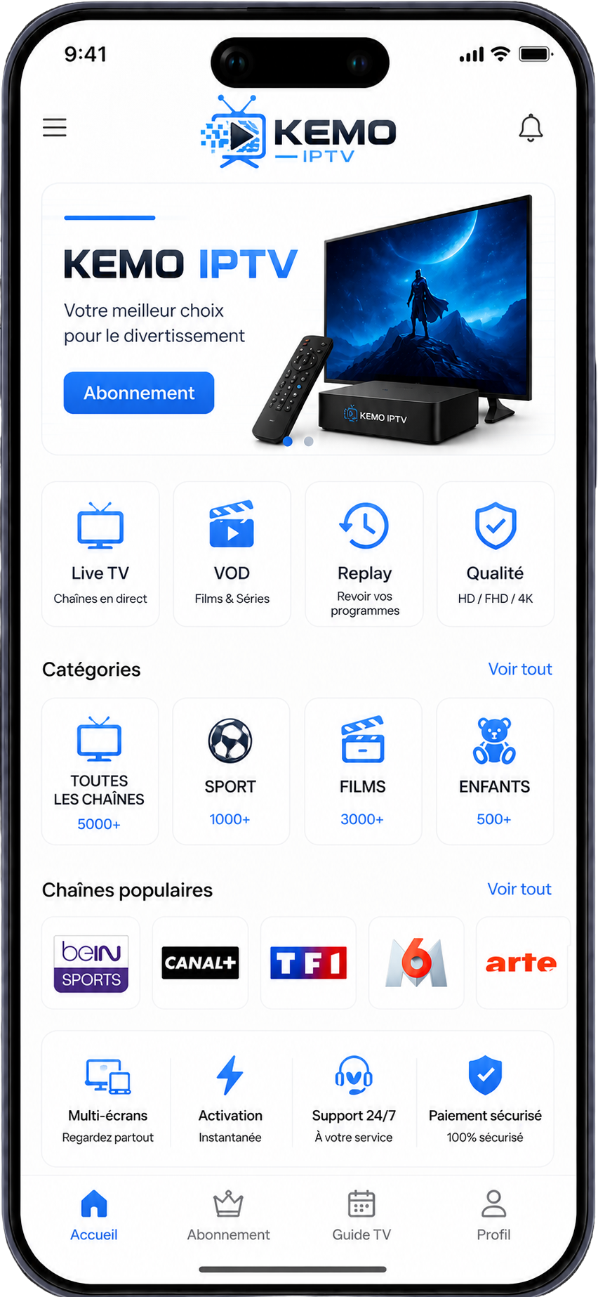 Discover Kemo IPTV USA with premium live TV, sports, movies and series in HD & 4K. Fast and stable IPTV subscription compatible with Smart TV, Firestick, Android and iPhone.
